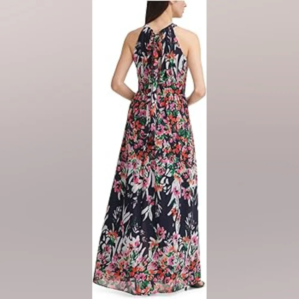 Eliza J Halter Chiffon Maxi Dress – Navy Pink Floral Party Spring Summer NWT - Picture 3 of 12